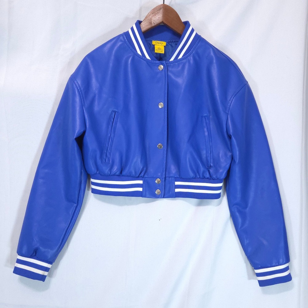Daisy Cropped Varsity Bomber Jacket Womens L Royal Blue Faux Leather Y2K Trendy